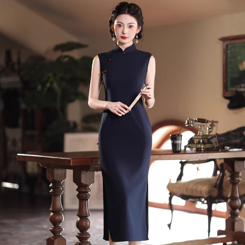 Spring Summer Sleeveless Cheongsam – Elegant Slim Fit Modern Qipao Dress for Petite Women Black / S Spring Summer Sleeveless Cheongsam – Elegant Slim Fit Modern Qipao Dress for Petite Women Black / S