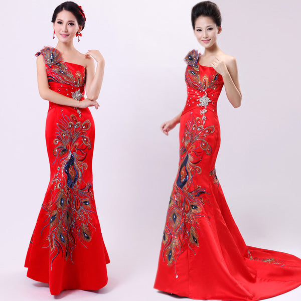 One Shoulder Phoenix Embroidery Chapel Train Chinese Wedding Dress ...