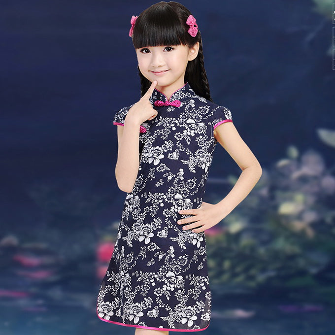 Floral Print Kids Girls Qipao Cheongsam Dress