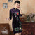 Half Sleeve Floral Embroidery Knee Length Velvet Cheongsam Qipao Dress