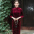 Bamboo Leaves Pattern 3/4 Sleeve Tea Length Velvet Cheongsam Chinese Dress