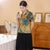 Short Sleeve V Neck Floral Silk Cheongsam Top Retro Chinese Blouse