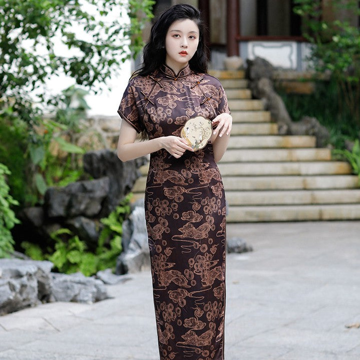 Short Sleeve Floral Silk Traditional Cheongsam Chinese Dress Evening G – IDREAMMART