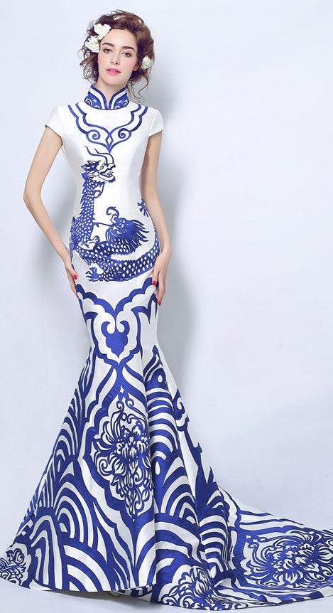 Blue & White Porcelain Pattern Chinese Style Wedding Dress with Cathed – IDREAMMART