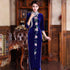 3/4 Sleeve Floral Embroidery Full Length Velvet Cheongsam Mother Dress