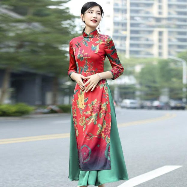 Cheongsam Top Tea Length Vietnam Ao Dai Floral Dress – IDREAMMART