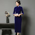 3/4 Sleeve Tea Length Velvet Cheongsam Qipao Dress