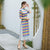 Mandarin Collar Tea Length Stripes Pattern Chiffon Ao Dai Dress