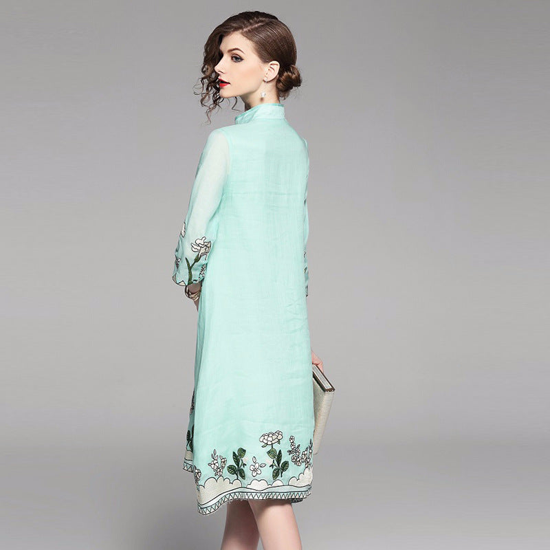 Embroidery Floral Cheongsam Dress (Ivory Stripe Bloom)
