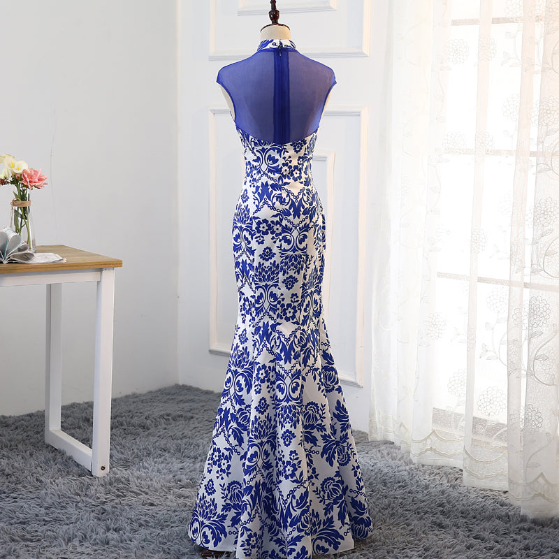 Halter Top Blue & White Porcelain Pattern Chinese Style Evening Dress Blue / XL