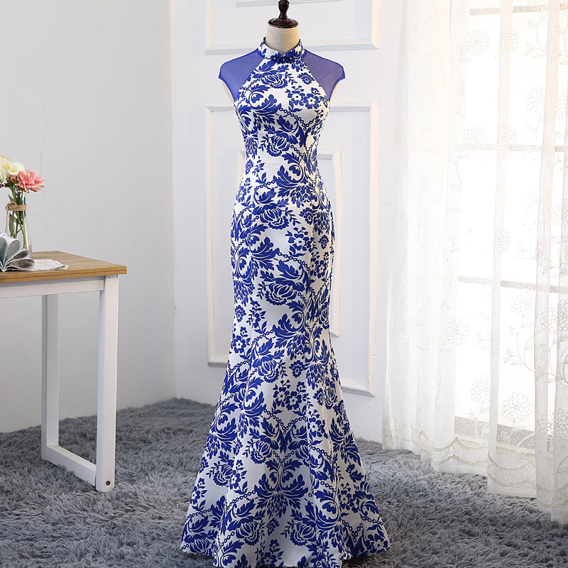 Halter Top Blue & White Porcelain Pattern Chinese Style Evening Dress – IDREAMMART