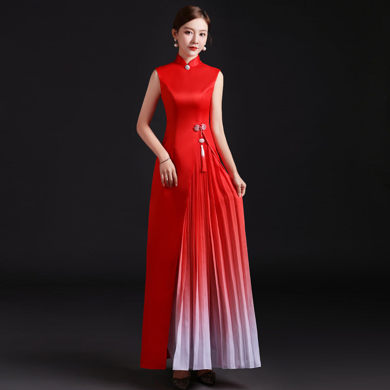 Sleeveless Satin Ao Dai Chinese Evening Dress with Tassel Red / XL
