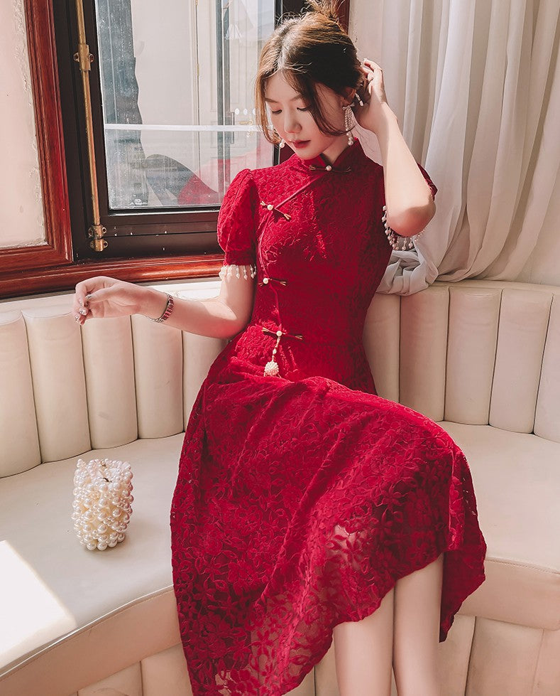 Puff Sleeve Floral Lace Cheongsam Top Chinese Prom Dress with Pleated Skirt Red / XS