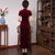 Short Sleeve Full Length Floral Appliques Velvet Cheongsam Evening Dress