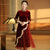 Velvet Cheongsam Top Chinese Dress with Lace Pleated Skirt & Floral Edge
