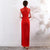 Illusion Neck Satin Cheongsam Evening Dress with Embroidery Appliques