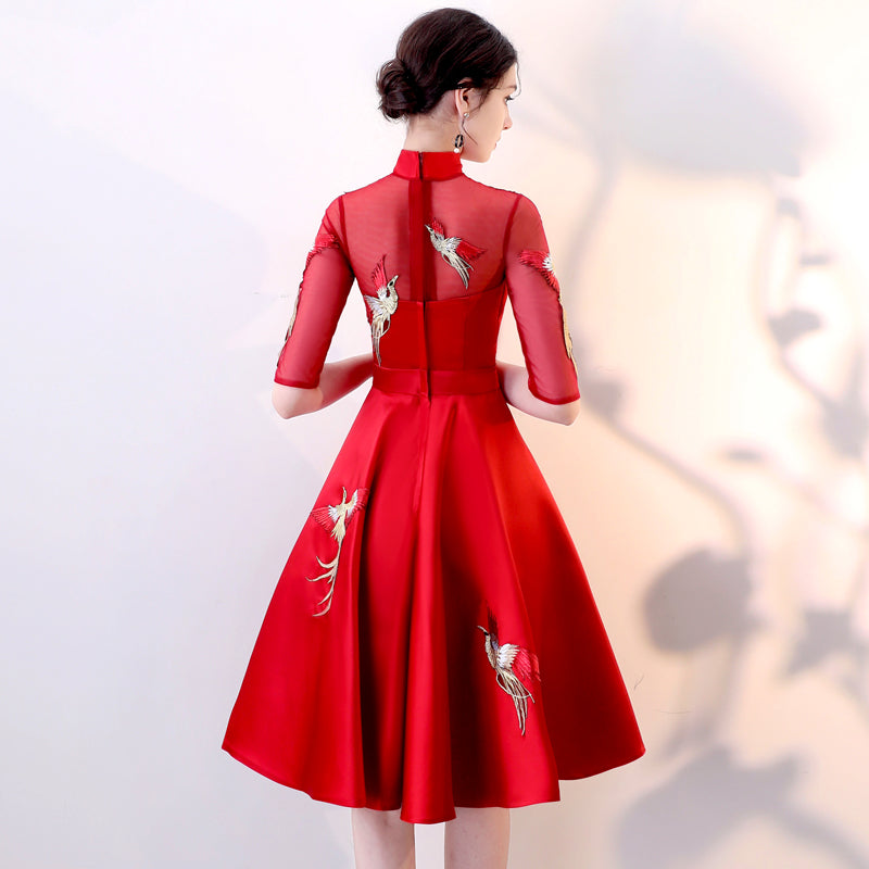 Pleated Skirt Short Chinese Wedding Party Dress with Phoenix Appliques – IDREAMMART