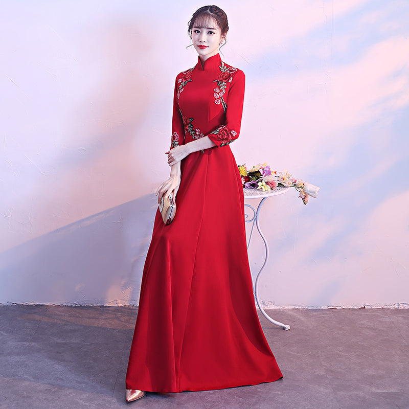 Long Sleeve Floral Embroidery Cheongsam Top Chinese Wedding Party – IDREAMMART