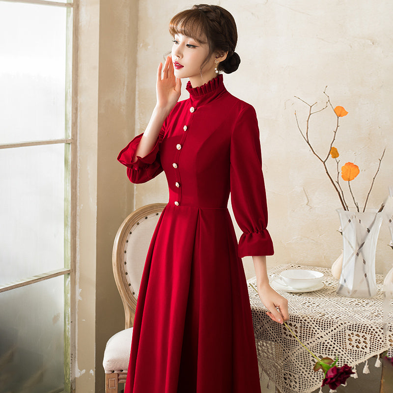 Puff Sleeve High Neck Velvet Oriental Evening Dress – IDREAMMART