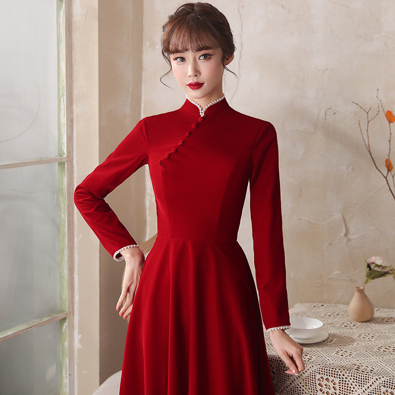 Mandarin Collar Long Sleeve A-Line Velvet Oriental Evening