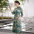 Elegant Tea Length Traditional Cheongsam Floral Suede Chinese Dress