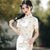 Tea-Length Chiffon Cheongsam Dress with Floral Print and Short Sleeves