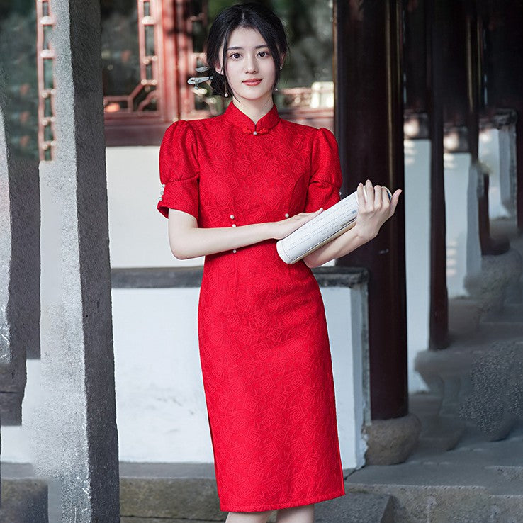 thumbnail image 2 of Vintage Floral Lace Cheongsam Dress - Long Sleeve Mandarin Collar Bodycon Midi 2 of 12