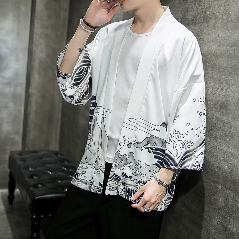 Kimono Homme Imprimé Dragon - Cardigan Ample Manches 3/4 En Coton - Style Japonais Décontracté