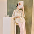 New Chinese Style Stand Collar Pearl Trim Floral Print Loose Blouse & Mermaid Skirt Two-Piece Set