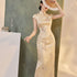 Light Luxury Beaded Embroidery Cheongsam Dress with Pearl Button Micro Elasticity