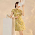Chinese Style Floral Print Cheongsam Dress with Stand Collar and Frog Buttons Short Qipao for Women