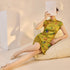 Chinese Style Qipao Dress with Fruit Print, Stand Collar & Cap Sleeves, Elegant Petite Short Dress
