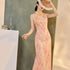 Chinese Style Floral Print Cheongsam Dress with Waist Cinching for Women Micro Elasticity