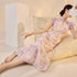 Vintage Floral Cheongsam Dress with Water-Drop Neckline and Lace Sleeves