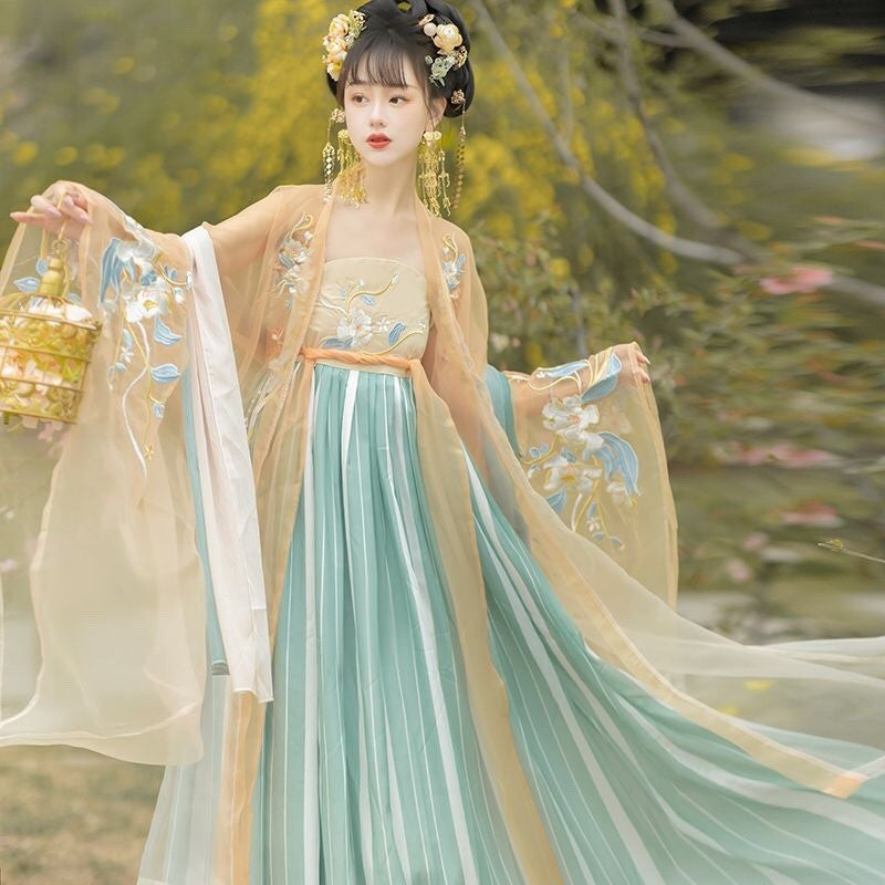 Embroidered Tang-Style Hanfu Dress with Chest-High Skirt and Embroidered Tang-Style Hanfu Dress with Chest-High Skirt and