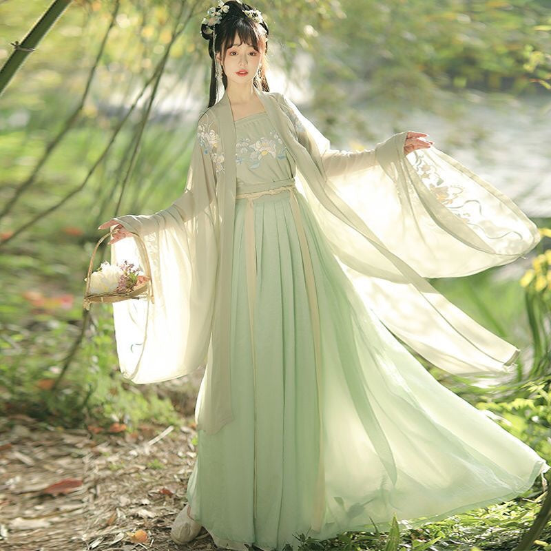 Floral Embroidery Tang-Style Hanfu Dress Wide Sleeves Cosplay Green / XS Floral Embroidery Tang-Style Hanfu Dress Wide Sleeves Cosplay Green / XS