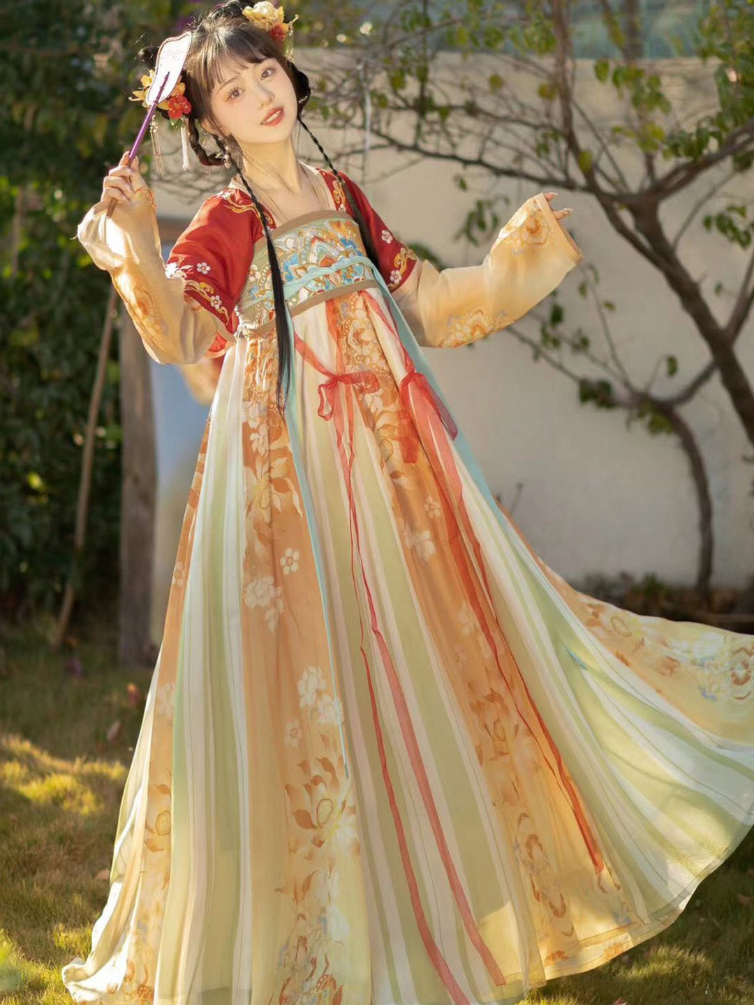 dress floral embroidery Floral Embroidery Tang-Style Hanfu Dress Wide Sleeves Cosplay Red / L