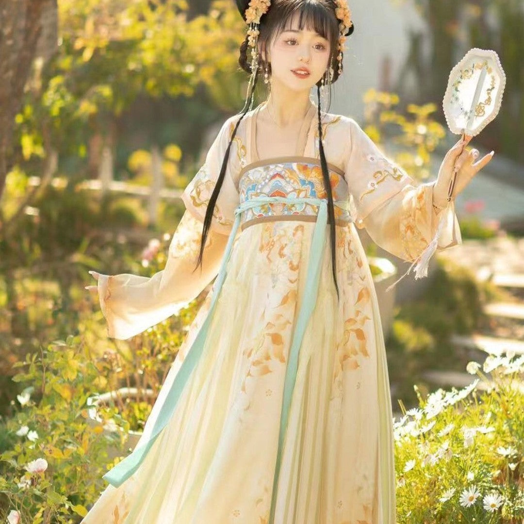 Floral Embroidery Tang-Style Hanfu Dress Wide Sleeves Cosplay Yellow / L
