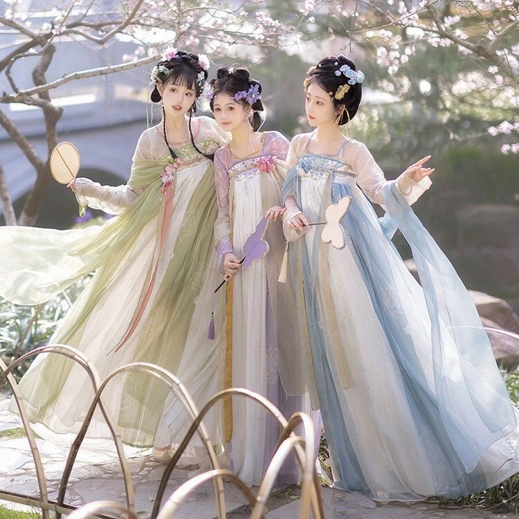 Floral Embroidery Empire Waist Tang-style Hanfu Dress Wide Sleeves Cosplay Blue / S Floral Embroidery Empire Waist Tang-style Hanfu Dress Wide Sleeves Cosplay Blue / S