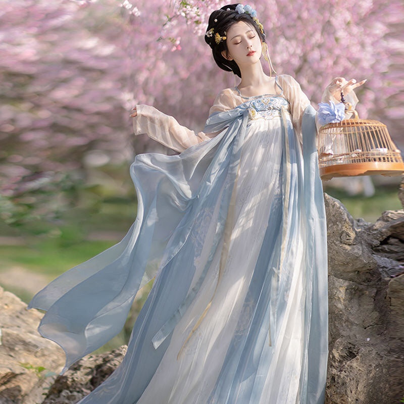 Floral Embroidery Empire Waist Tang-Style Hanfu Dress Wide Sleeves Cosplay Blue / S Floral Embroidery Empire Waist Tang-Style Hanfu Dress Wide Sleeves Cosplay Blue / S