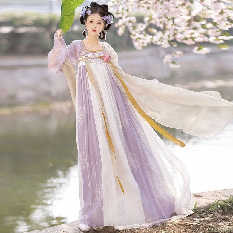 Floral Embroidery Empire Waist Tang-Style Hanfu Dress Wide Sleeves Cosplay Purple / L Floral Embroidery Empire Waist Tang-Style Hanfu Dress Wide Sleeves Cosplay Purple / L