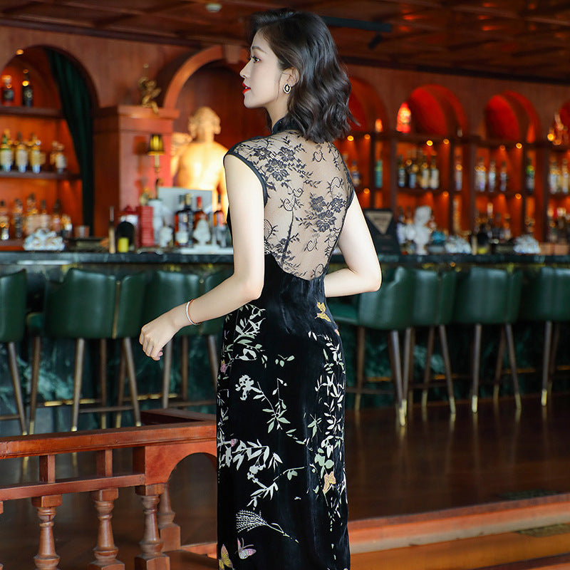 Elegant Retro Chinese Style Velvet Floral Daily Modified Qipao Cheongsam Black / M Elegant Retro Chinese Style Velvet Floral Daily Modified Qipao Cheongsam Black / M