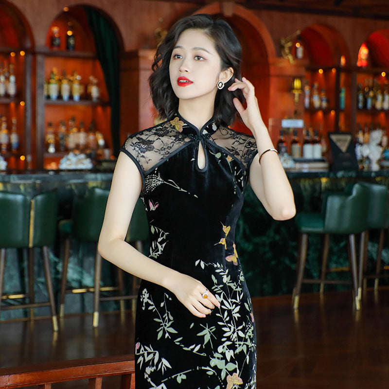 Elegant Retro Chinese Style Velvet Floral Daily Modified Qipao Cheongsam Black / M Elegant Retro Chinese Style Velvet Floral Daily Modified Qipao Cheongsam Black / M