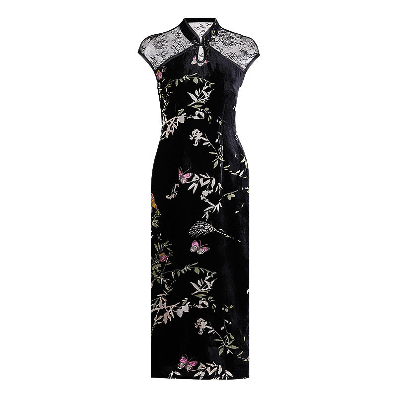 Elegant Retro Chinese Style Velvet Floral Daily Modified Qipao Cheongsam Black / M Elegant Retro Chinese Style Velvet Floral Daily Modified Qipao Cheongsam Black / M