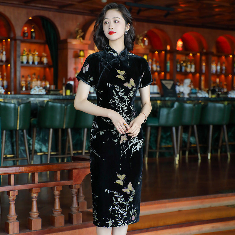 chinese style dress black Chinese Style Traditional Chinese Black Dress Black Cheongsam Dress  Traditional Chinese Black Dress Idreammart Short Sleeve