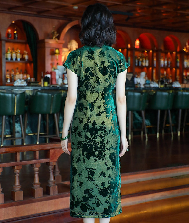 Elegant Retro Chinese Style Velvet Floral Daily Modified Qipao Cheongsam Green / L Elegant Retro Chinese Style Velvet Floral Daily Modified Qipao Cheongsam Green / L