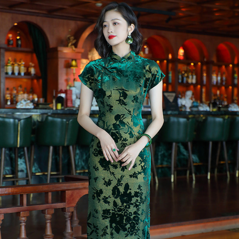Elegant Retro Chinese Style Velvet Floral Daily Modified Qipao Cheongsam Green / L Elegant Retro Chinese Style Velvet Floral Daily Modified Qipao Cheongsam Green / L
