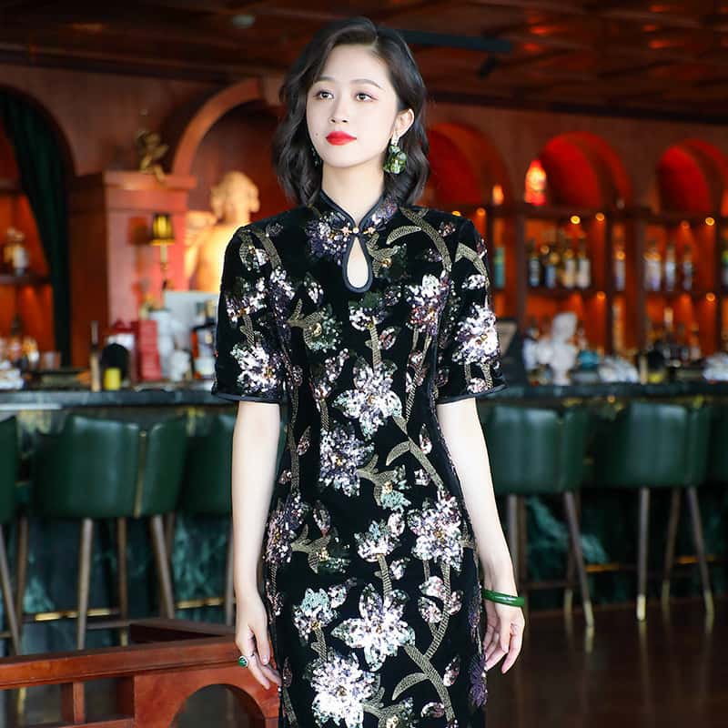 Elegant Retro Chinese Style Velvet Floral Daily Modified Qipao Cheongsam Black / XXL Elegant Retro Chinese Style Velvet Floral Daily Modified Qipao Cheongsam Black / XXL