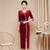 Half Sleeve V Neck Tea Length Velvet Cheongsam Mother Dress with Beading