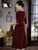 Half Sleeve V Neck Knee Length Velvet Cheongsam Mother Dress with Beading